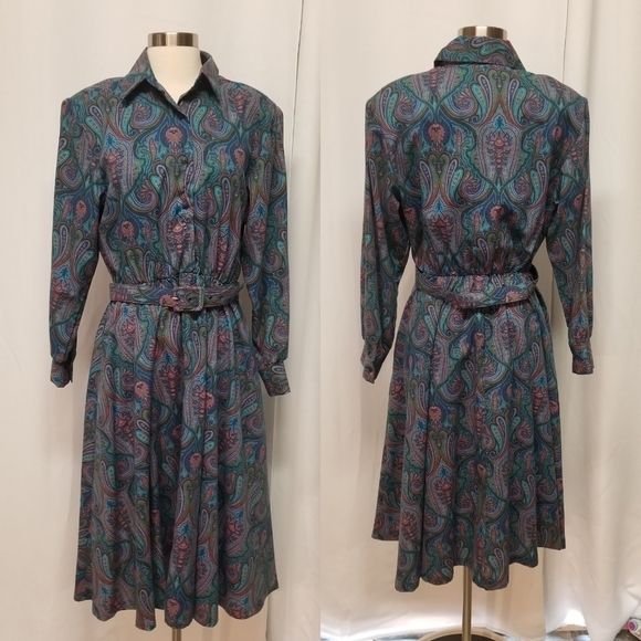 Vintage 50s Retro Jewel Tone Paisley Print Belted Midi Button Shirt Dress Large - Picture 1 of 7